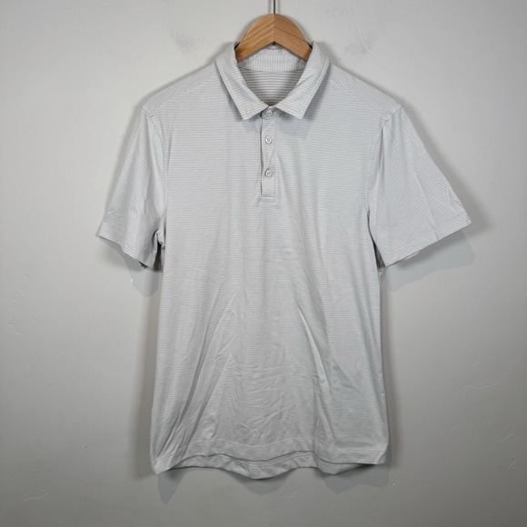 Lululemon Evolution Polo Gray Light Grey Stripe Tech Stretch Comfort Men Medium? - Picture 1 of 7